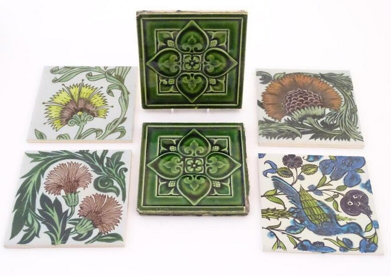 Six ceramic tiles, to include floral and foliate
