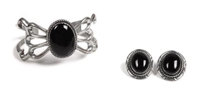 Southwestern Silver and Onyx Jewelry Cuff Bracelet and Earrings