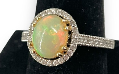 Sterling Silver and Opal Dinner Ring with White Sapphires