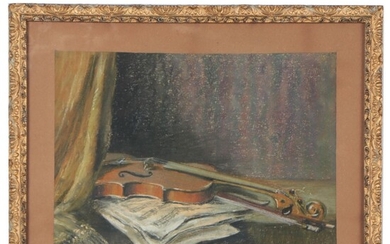 Still Life Pastel Drawing of a Violin, Early 20th Century