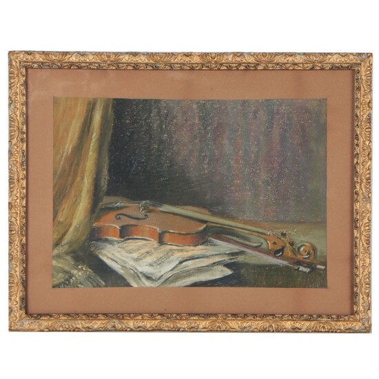 Still Life Pastel Drawing of a Violin, Early 20th Century