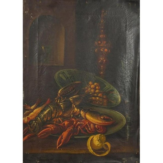 Still life lobsters and vessels, 19th century oil on