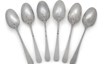 THE PROPERTY OF A PRIVATE COLLECTOR (LOTS 84-94) A set of six George III silver 'Squirrel' picture-back teaspoons, London, c.1770, probably Thomas Wallis, Hanoverian pattern, the reverse of each bowl decorated with a left-facing squirrel eating an...