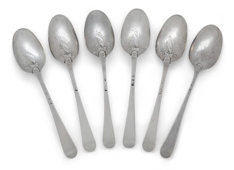 THE PROPERTY OF A PRIVATE COLLECTOR (LOTS 84-94) A set of six George III silver 'Squirrel' picture-back teaspoons, London, c.1770, probably Thomas Wallis, Hanoverian pattern, the reverse of each bowl decorated with a left-facing squirrel eating an...