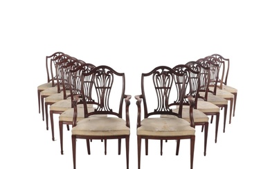 TWELVE SOLID MAHOGANY ENGLISH HEPPLEWHITE STYLE DINING CHAIRS WITH TWO...