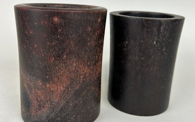 TWO CHINESE WOODEN BRUSH POTS (2) Largest 12cm x...
