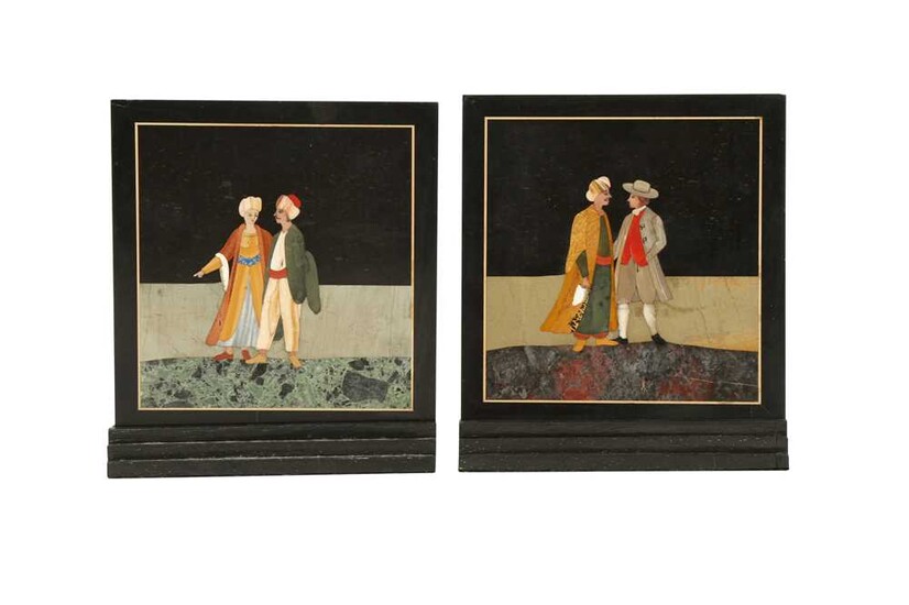 TWO SMALL FLORENTINE PIETRA DURA PANELS WITH TURKISH AND EUROPEAN FIGURES Possibly Florence, Italy, in the style of Antonio Cioci's pietra dura inlays, circa 1780 - 1800