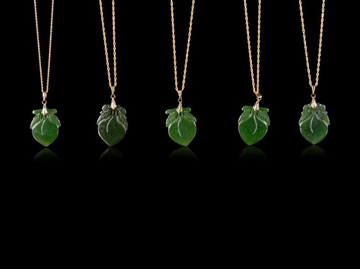 Ten Chinese Gilt Metal and Spinach Jade Necklaces