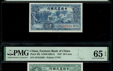 The Farmers Bank of China, 10 cents, 20 cents, 1937 and 1 Yuan, 1940, serial numbers LX 260393,...