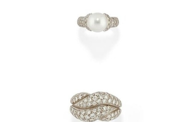 Two 18K white gold, diamond and pearl rings