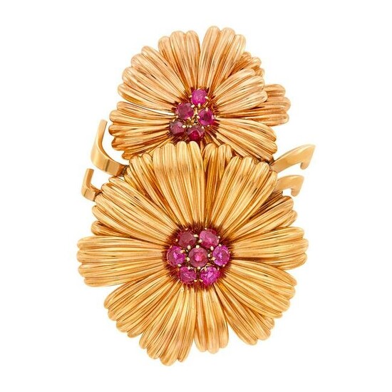 Two-Color Gold and Ruby Flower Clip-Brooch