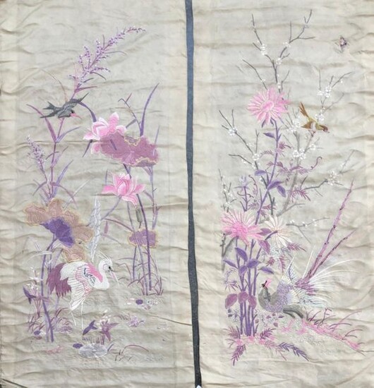 Two embroidered folding screen leaves, China, circa 1900
