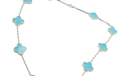 Van Cleef & Arpels 18k White Gold 10 Motif Alhambra Turquoise Necklace + Paper
