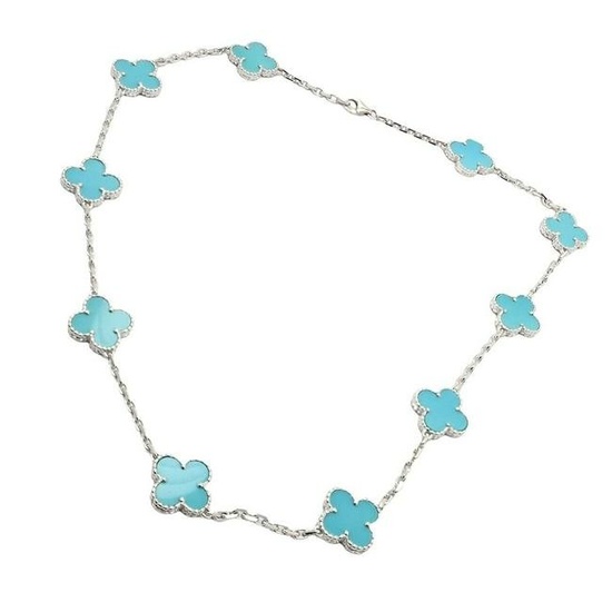 Van Cleef & Arpels 18k White Gold 10 Motif Alhambra Turquoise Necklace + Paper