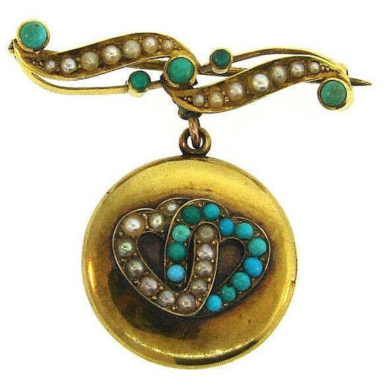 Victorian 15 Carat Yellow Gold Turquoise and Seed Pearl