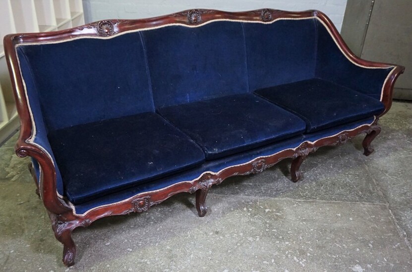 Victorian Style Three Seater Sofa, Upholstered in Blue Dralon, 85cm high, 215cm wide, 74cm deep