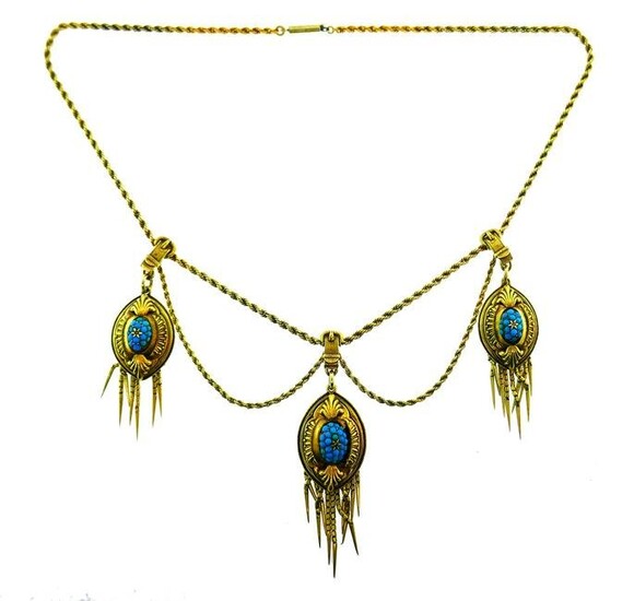 Victorian Turquoise Diamond Yellow Gold Necklace, 1900s