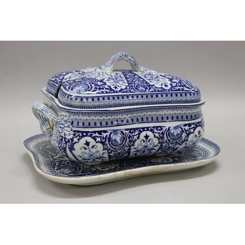 Victorian blue and white tureen, cover and stand, dish appro...