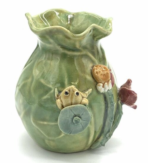 Vintage Glazed Majolica Vase with Frog Figural