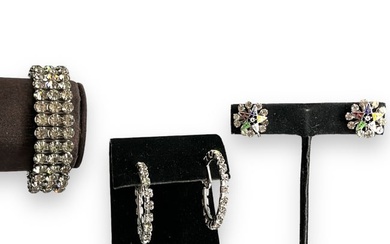 Vintage Masonic Fashion Earrings, Rhinestone Stretch Bracelet and Rhinestone Hoop Earrings