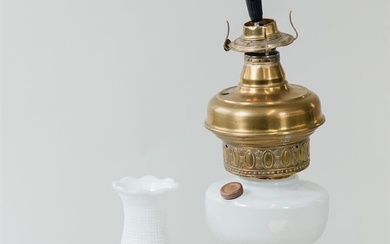 Vintage Milk Glass & Brass Table Oil Lamp -...