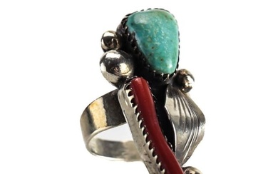 Vintage Navajo Sterling Silver Ring Gemstone Turquoise Coral nuggets Size 6