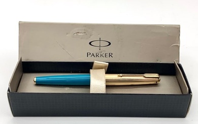 Vintage Parker 61 Blue Barrel Gold Filled Cap Hooded Nib Two Jewel Fountain Pen w/Box