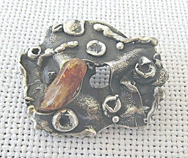 Vintage modernist massive silver pendant /brooch set with amber, 30gr., Hazorfim, Israel, 1960’s