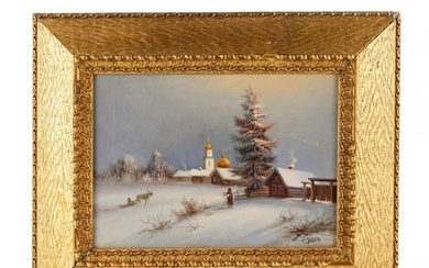 Winter landscape with a view of a Russian village. 19th...