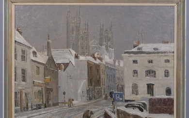 Winter street scene, mid-20th century oil on board, signed w...