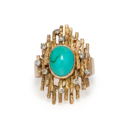 YELLOW GOLD, SYNTHETIC TURQUOISE AND DIAMOND RING