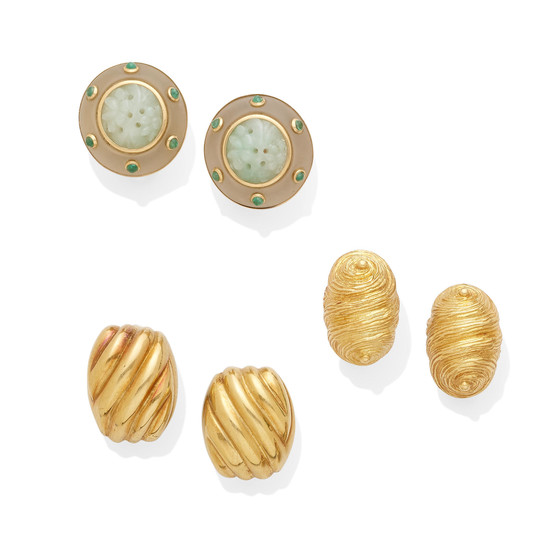 two pairs of gold earclips and a pair of jade ear clips