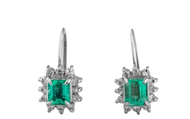 0.59 tcw Emerald Earrings Platinum - Earrings Emerald - 0.18 ct Diamonds - No Reserve Price