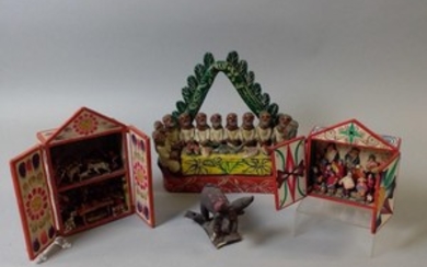 Two Carved and Painted Figural Dioramas and Two Pottery Scenes