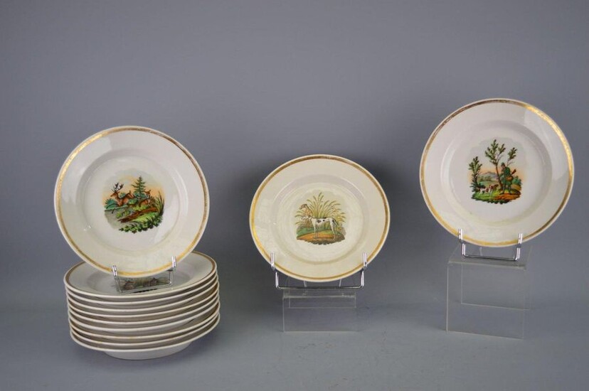12 porcelain dessert plates with hunting scene decoration,...