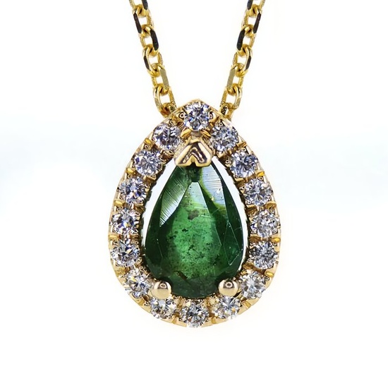 14 kt. Gold - Necklace with pendant, Pendant - 0.37 ct Emerald - Diamonds