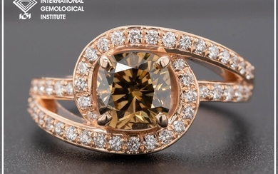 14 kt. Rose Gold - 4.99g - Ring - 1.90 ct Diamond - Fancy Deep Yellowish Brown