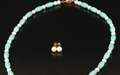 14K Pearl Stud Earrings and Turuqoise Necklace with 10K Clasp