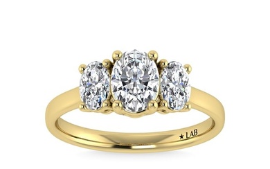 14K Yellow Gold Lab Grown Diamond 2 Ct.Tw. Plain Shank Oval Shape Three Stone Engagement Ring