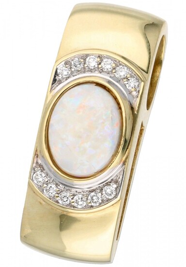 14K. Yellow gold pendant set with approx. 0.12 ct. diamond and white opal.