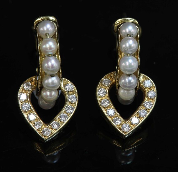 A pair of Italian gold cultured pearl and diamond earrings