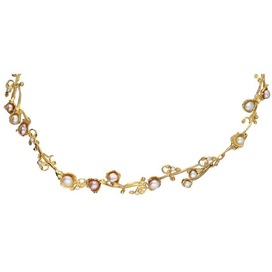 18 kt. Gold - Necklace - 0.42 ct Diamond - Pearl