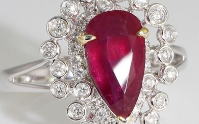 18 kt. White gold - Ring GIA Certified No Heat Hot Red Ruby - VS Diamonds