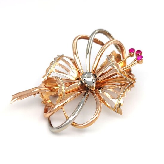 18 kt. White gold, Yellow gold - Brooch - Red stones