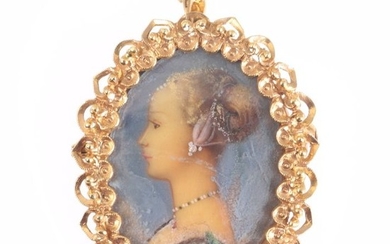 18 kt. Yellow gold - Brooch, Pendant, Vintage Fifties with Picture of 19th Century Lady - Can be worn as a pendant and brooch - Anno 1950
