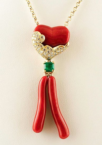 18 kt. Yellow gold - Necklace with pendant - Diamonds, Emerald, Coral