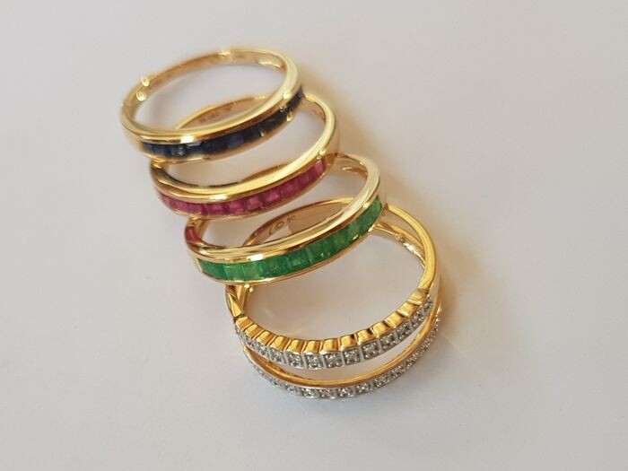 18 kt. Yellow gold - Ring - 0.28 ct Diamond - Diamonds, Emeralds, Rubys, Sapphires