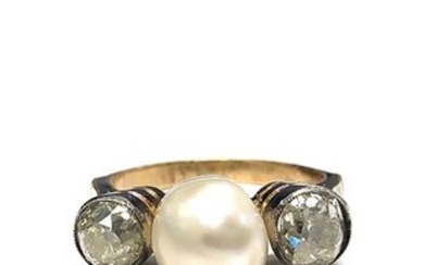 18 kt. Yellow gold - Ring Pearl - Diamonds