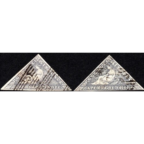 1855-63 6d SLATE-LILAC, two three margined used examples. Fi...