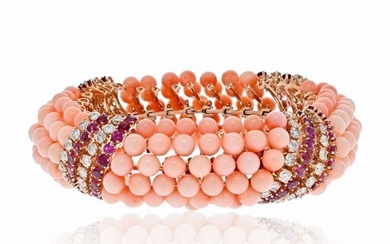 18K Yellow Gold Pink Coral Beads Diamonds and Ruby Multi-row Bracelet